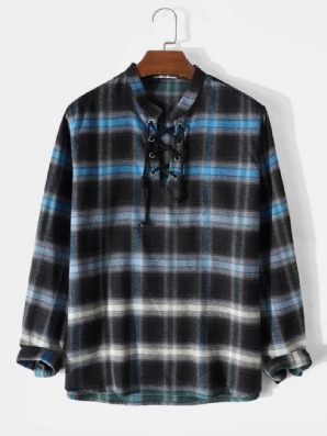 Herren Plaid Ombre Bandage Front Lässige Langarm-Henley-Shirts