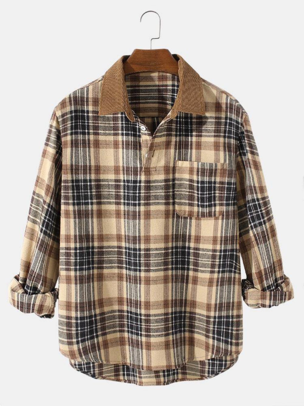 Herren Vintage Plaid Casual Fit Baumwolle Langarm Henley Shirts Mit Tasche