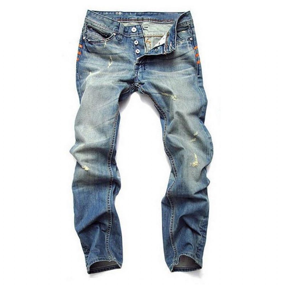 Gerade Gewaschene Jeans Mit Zerrissenen Faltennähten