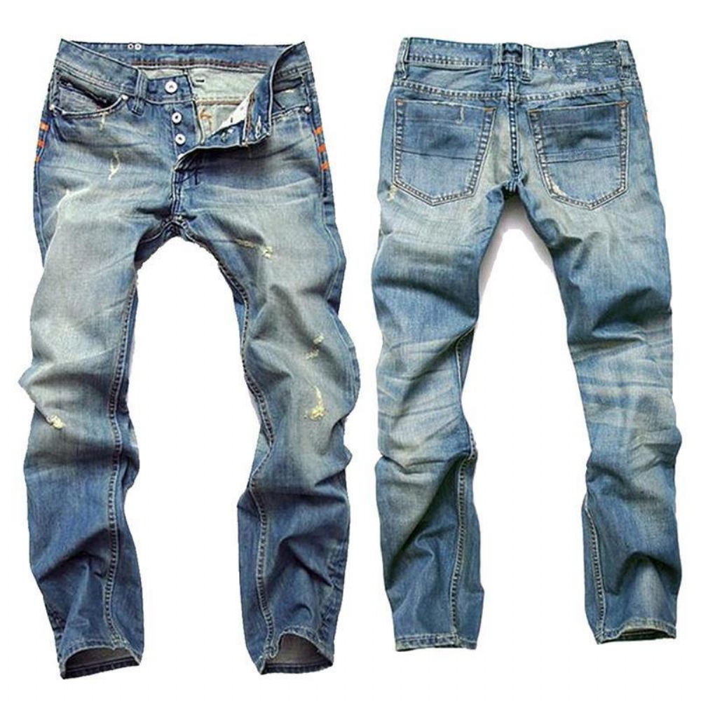 Gerade Gewaschene Jeans Mit Zerrissenen Faltennähten