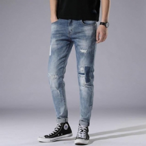 Hellblaue Loch Jeans Herren Day Slim Stitching Patch Street Stretch Hose