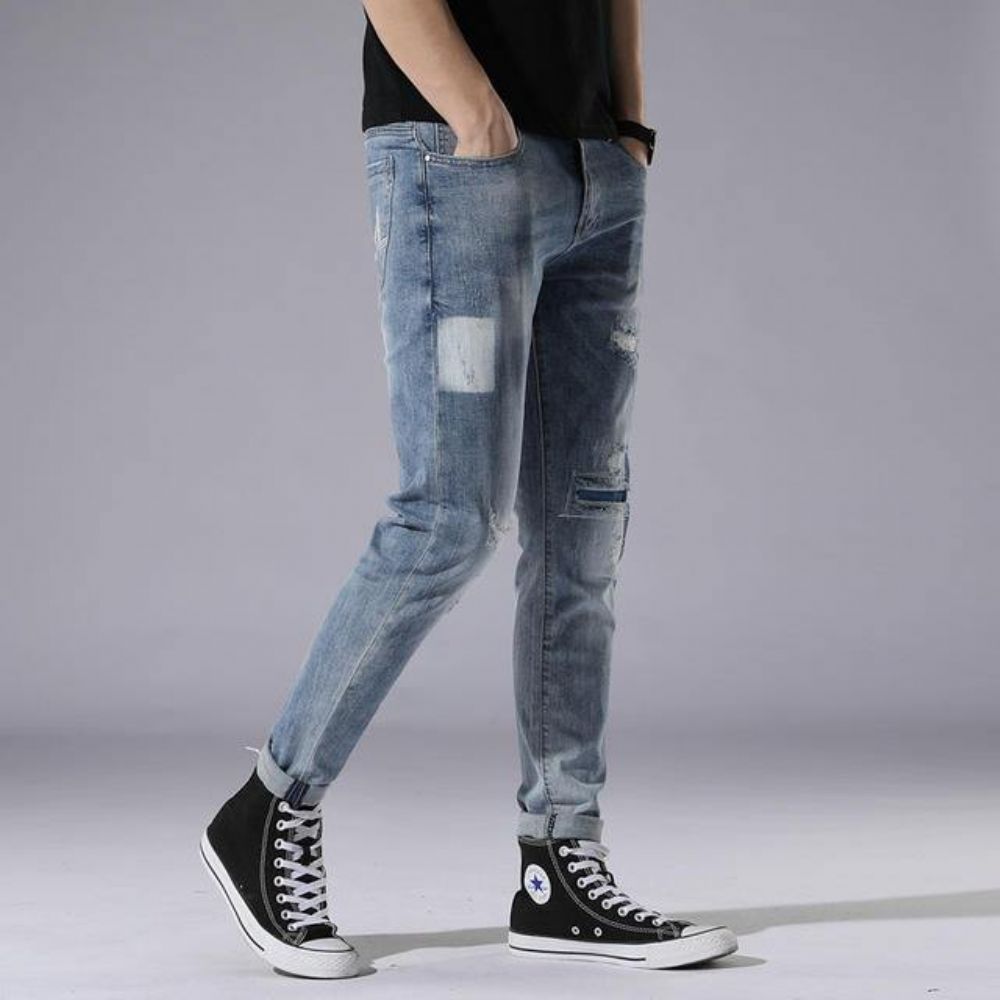 Hellblaue Loch Jeans Herren Day Slim Stitching Patch Street Stretch Hose