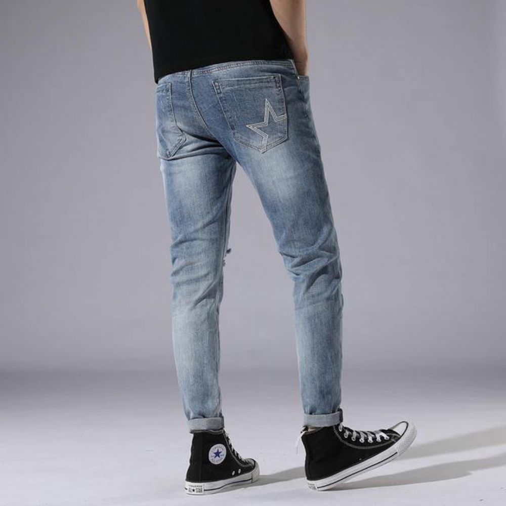 Hellblaue Loch Jeans Herren Day Slim Stitching Patch Street Stretch Hose