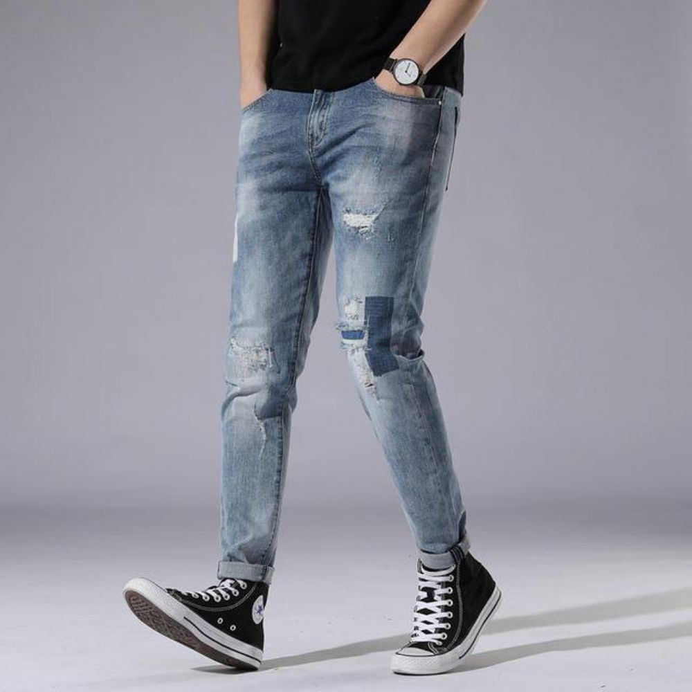 Hellblaue Loch Jeans Herren Day Slim Stitching Patch Street Stretch Hose