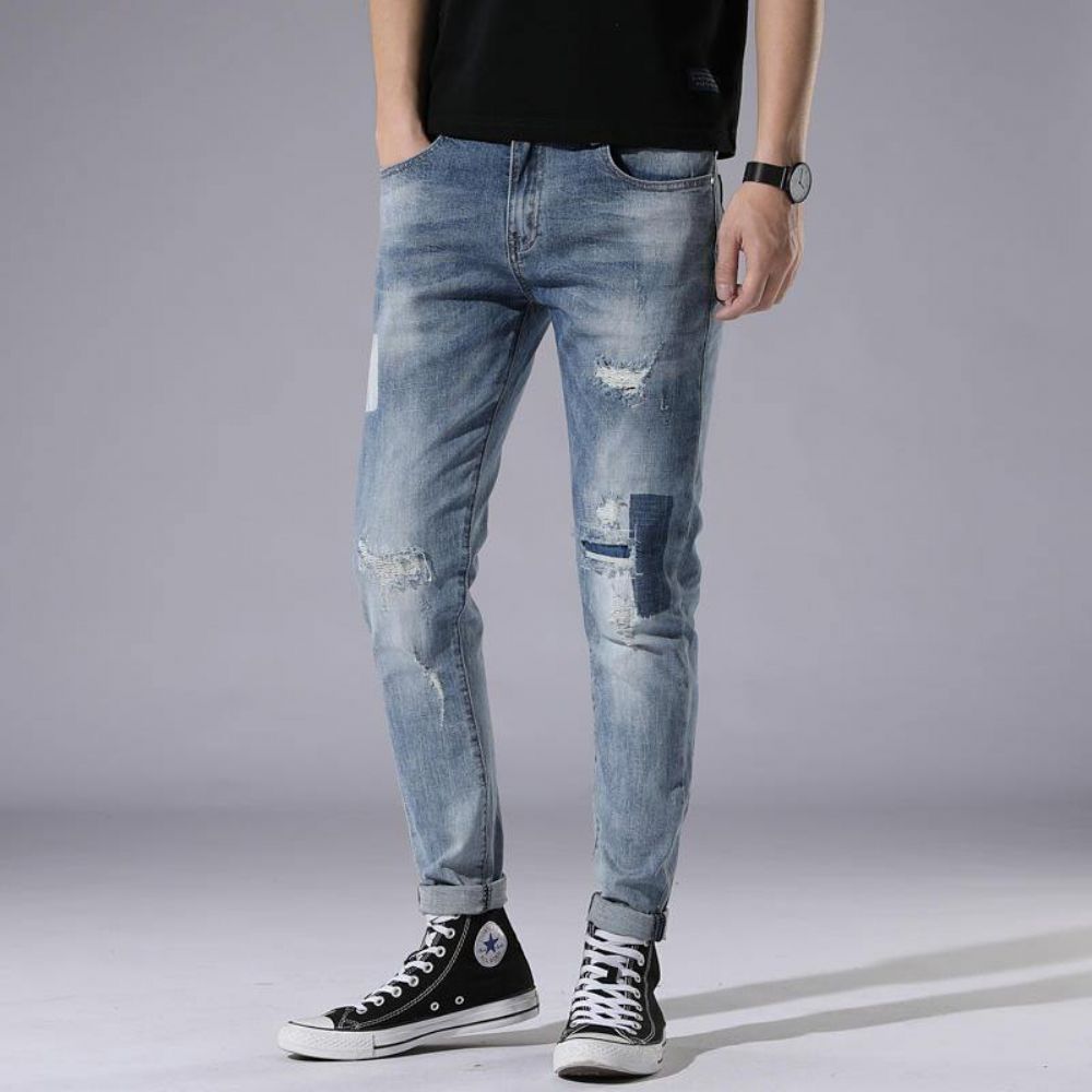 Hellblaue Loch Jeans Herren Day Slim Stitching Patch Street Stretch Hose