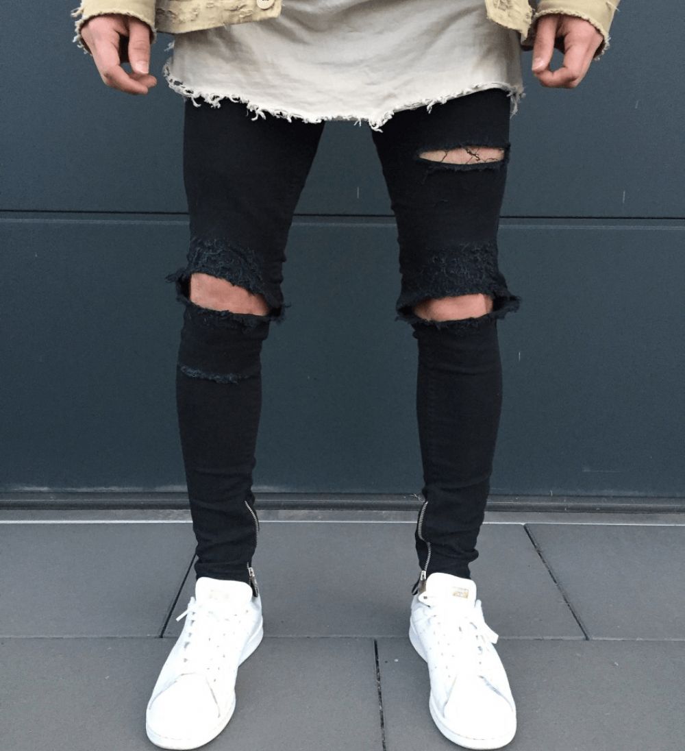 Herren Bikerhose Fashion Kniefalte Schmale Zerrissene Jeans Mit Reißverschluss