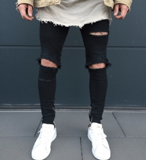 Herren Bikerhose Fashion Kniefalte Schmale Zerrissene Jeans Mit Reißverschluss