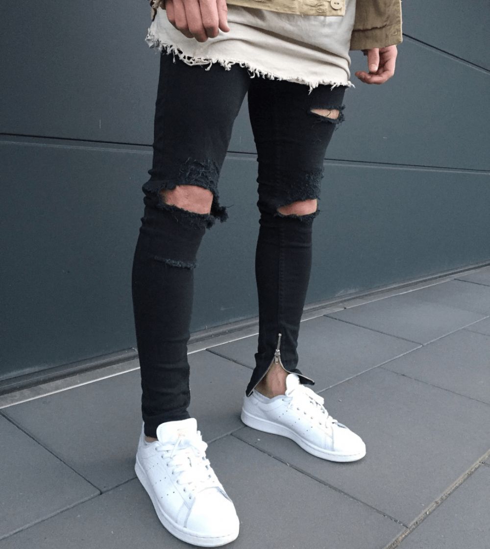 Herren Bikerhose Fashion Kniefalte Schmale Zerrissene Jeans Mit Reißverschluss