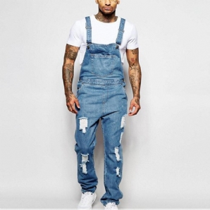 Herren Mode Sling Strampler Zerrissene Denim Einfarbig Lässige Hosenträgerhose