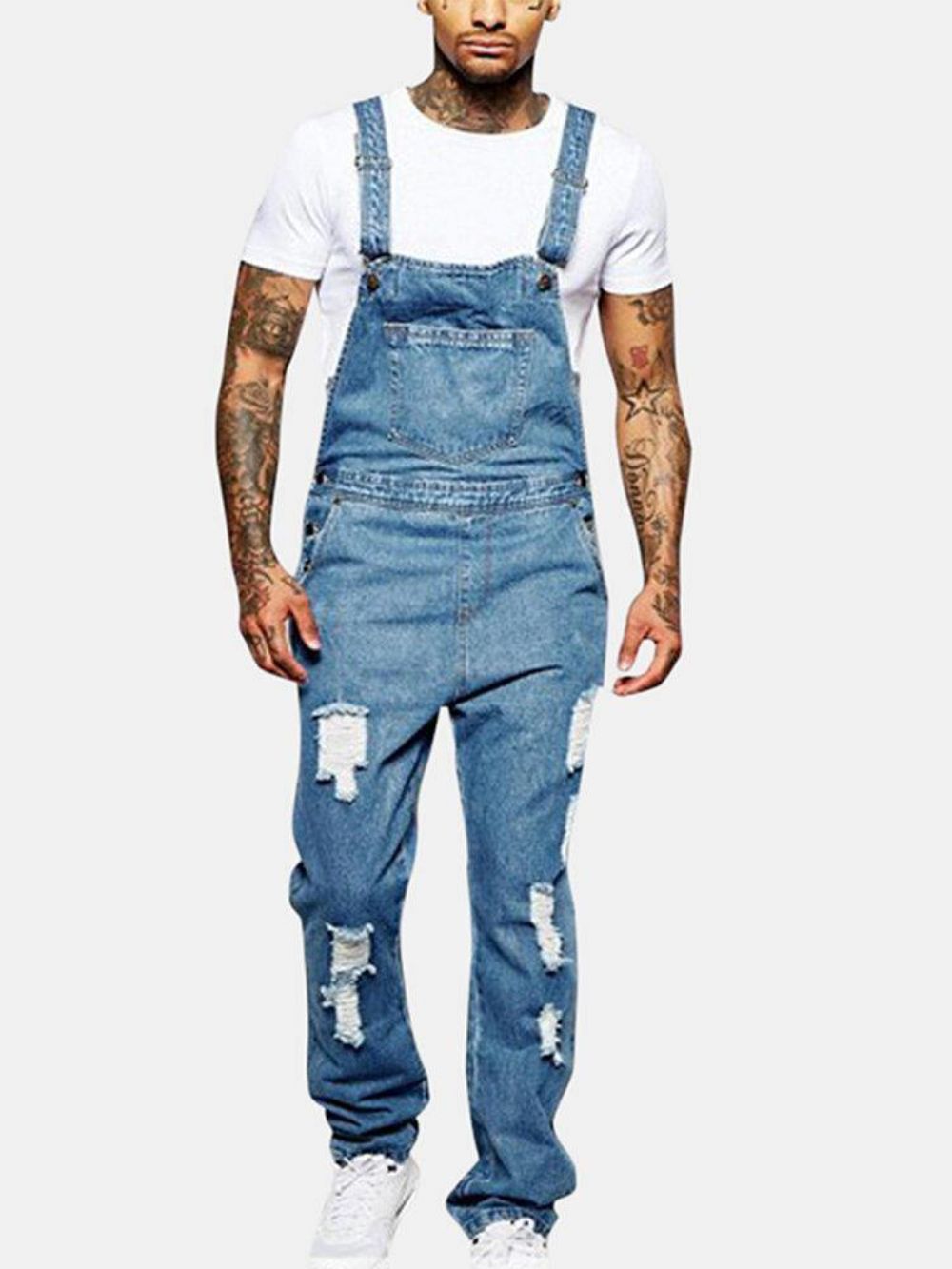 Herren Mode Sling Strampler Zerrissene Denim Einfarbig Lässige Hosenträgerhose