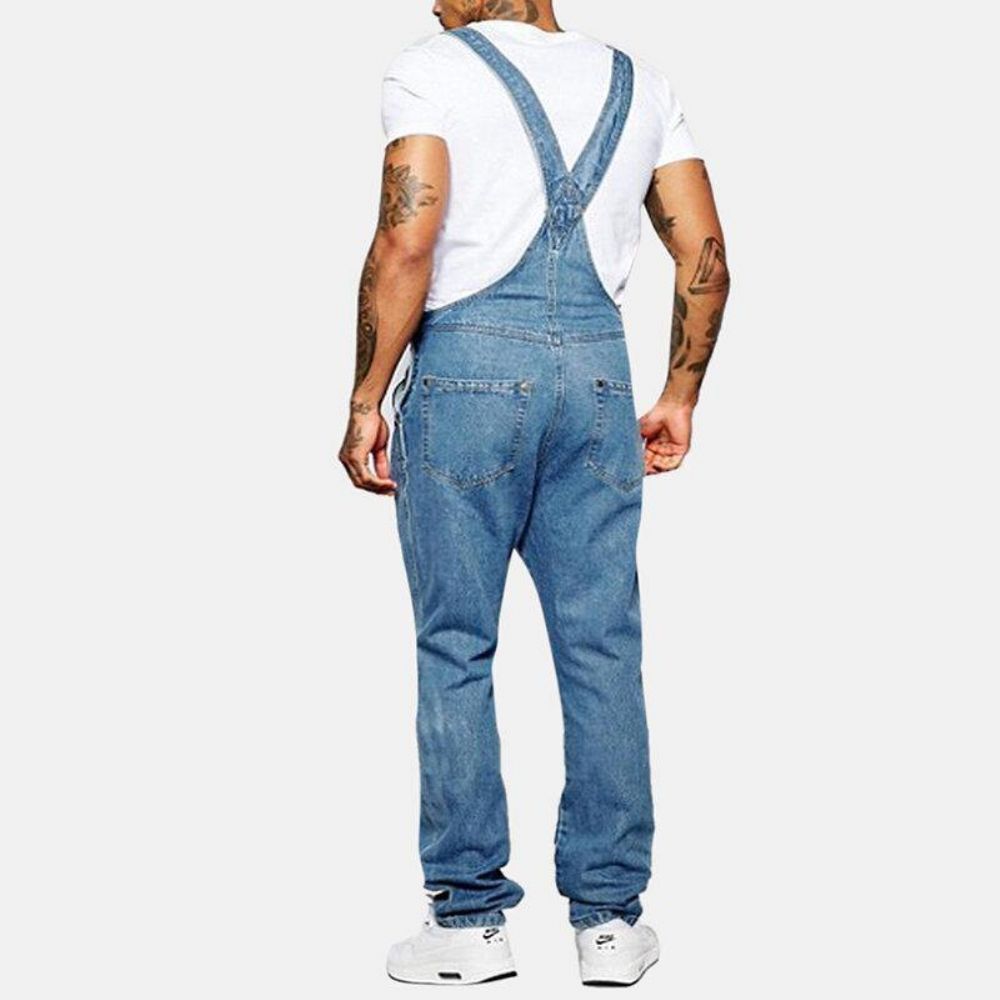 Herren Mode Sling Strampler Zerrissene Denim Einfarbig Lässige Hosenträgerhose