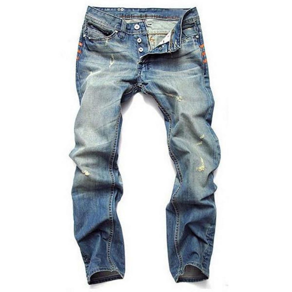 Herren Vintage Holes Hellblaue Gerade Schmale Jeans Mit Knöpfen