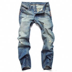 Herren Vintage Holes Hellblaue Gerade Schmale Jeans Mit Knöpfen