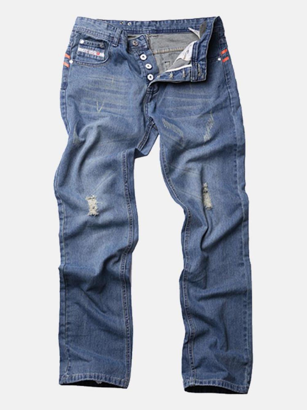 Herren Vintage Holes Hellblaue Gerade Schmale Jeans Mit Knöpfen