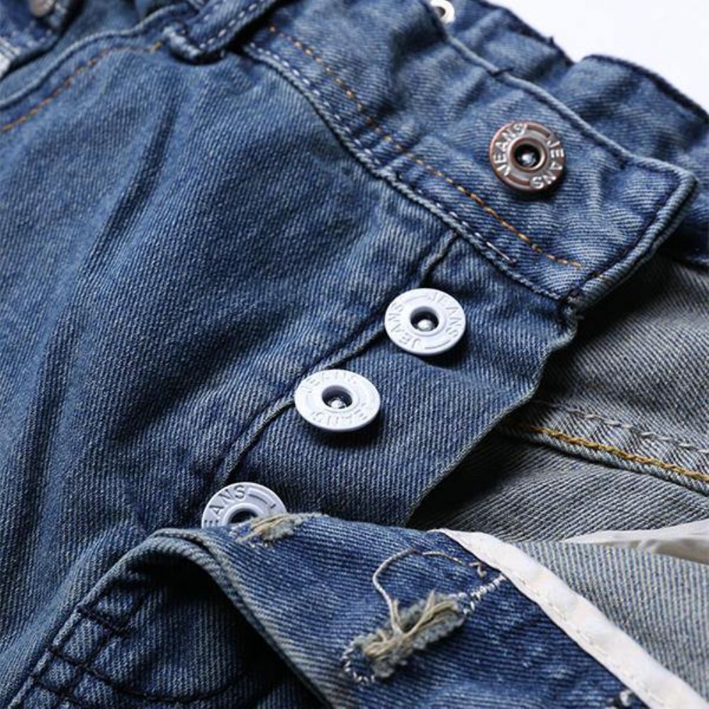 Herren Vintage Holes Hellblaue Gerade Schmale Jeans Mit Knöpfen