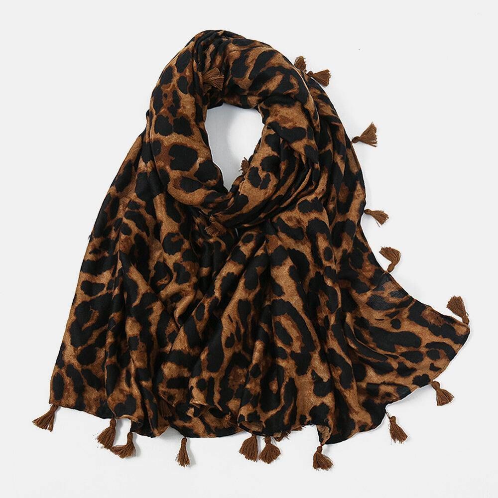 Damen Baumwolle Leopard Warmer Schal Lange Quaste Dual-Use-Sonnenschutz-Schal