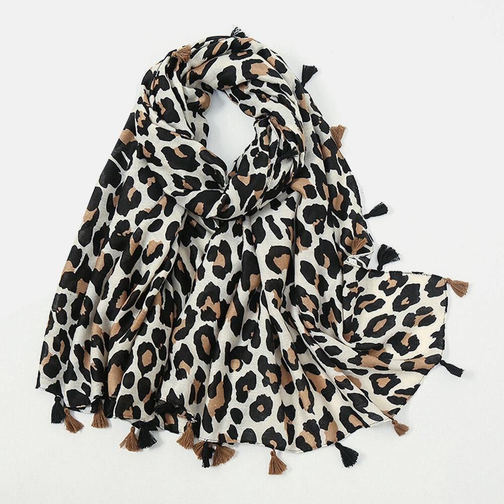 Damen Baumwolle Leopard Warmer Schal Lange Quaste Dual-Use-Sonnenschutz-Schal