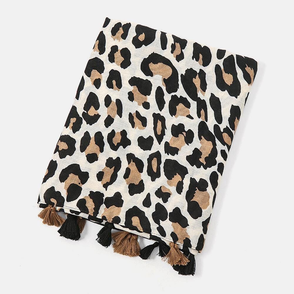 Damen Baumwolle Leopard Warmer Schal Lange Quaste Dual-Use-Sonnenschutz-Schal