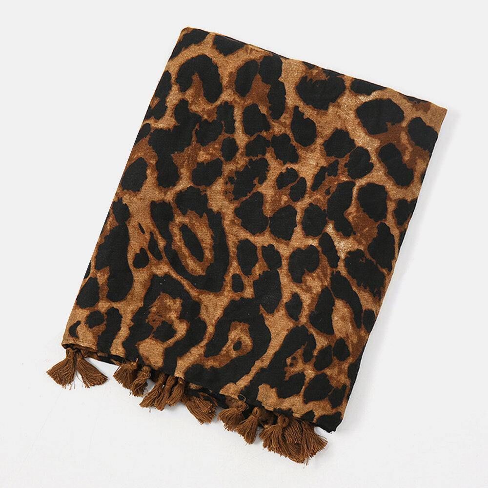 Damen Baumwolle Leopard Warmer Schal Lange Quaste Dual-Use-Sonnenschutz-Schal