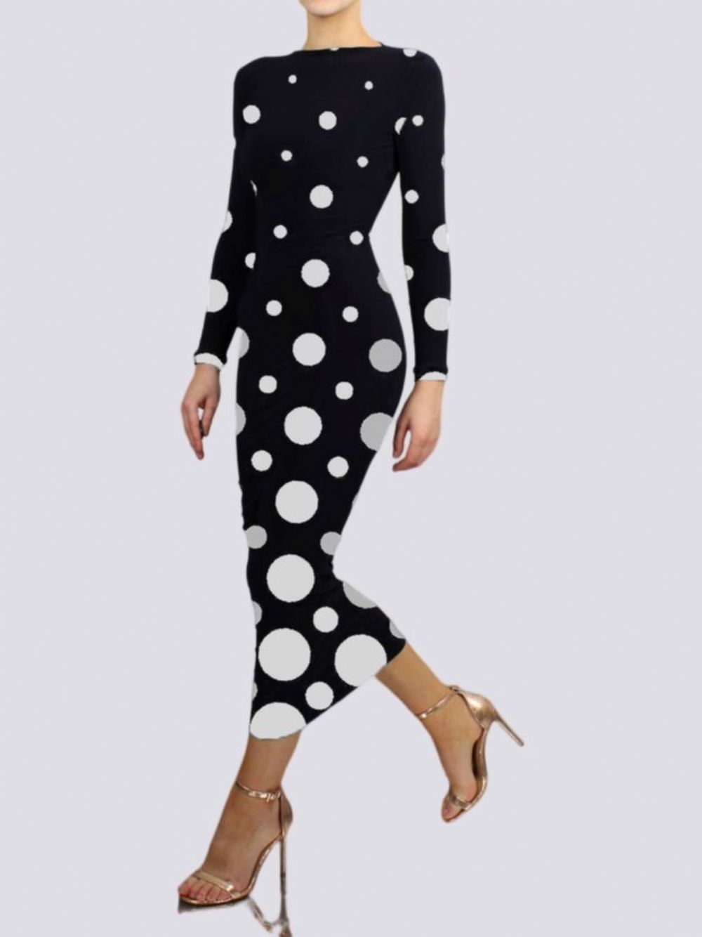 Enges Elegantes Langärmliges Maxikleid Mit Polka Dots