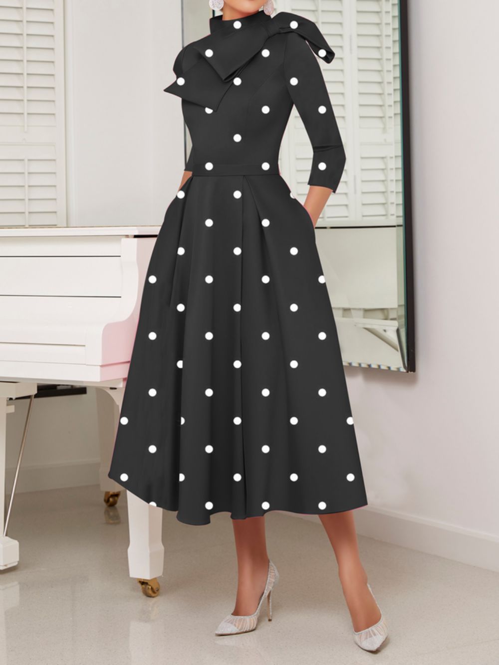 Polka Dots Regular Fit Hochelastisch X-Line Elegante Kleider Mit Stehkragen