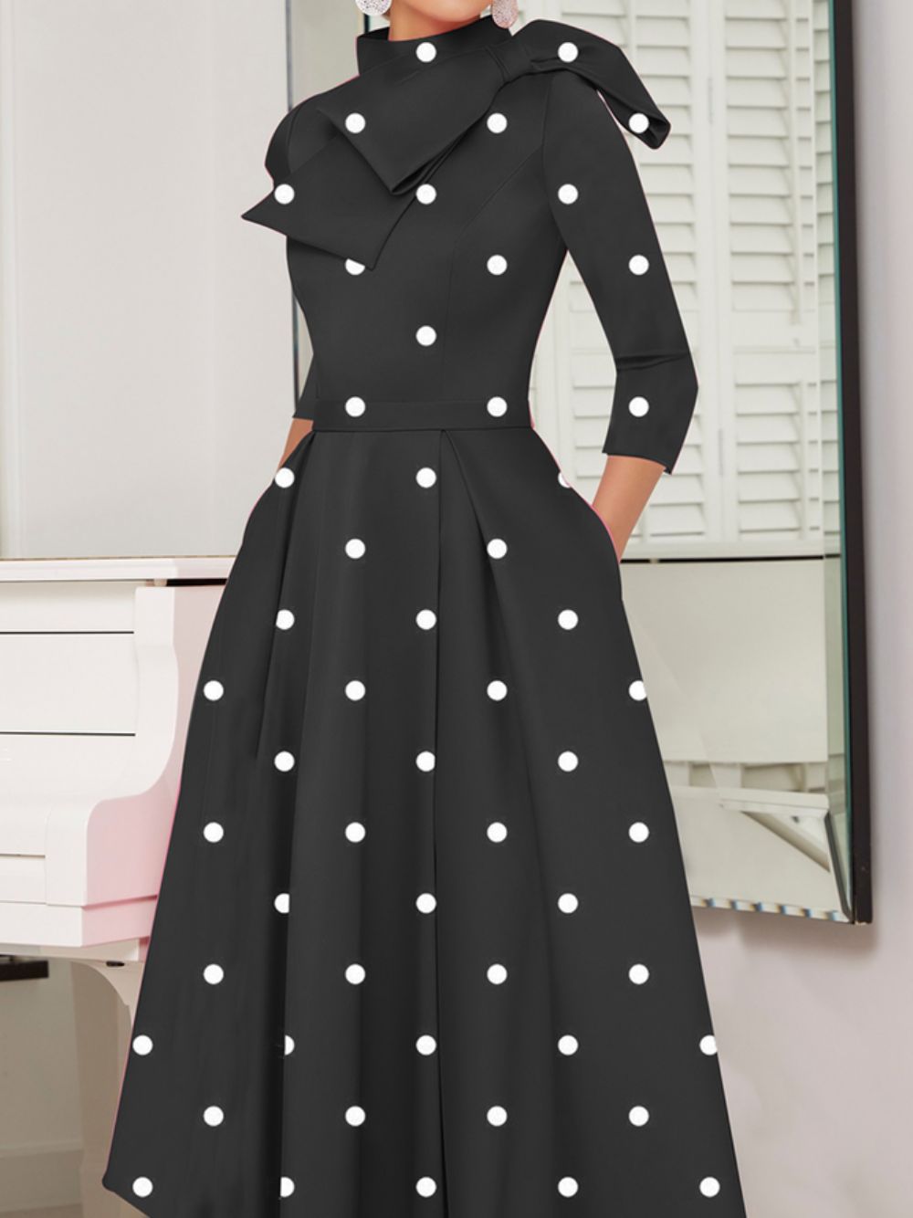 Polka Dots Regular Fit Hochelastisch X-Line Elegante Kleider Mit Stehkragen