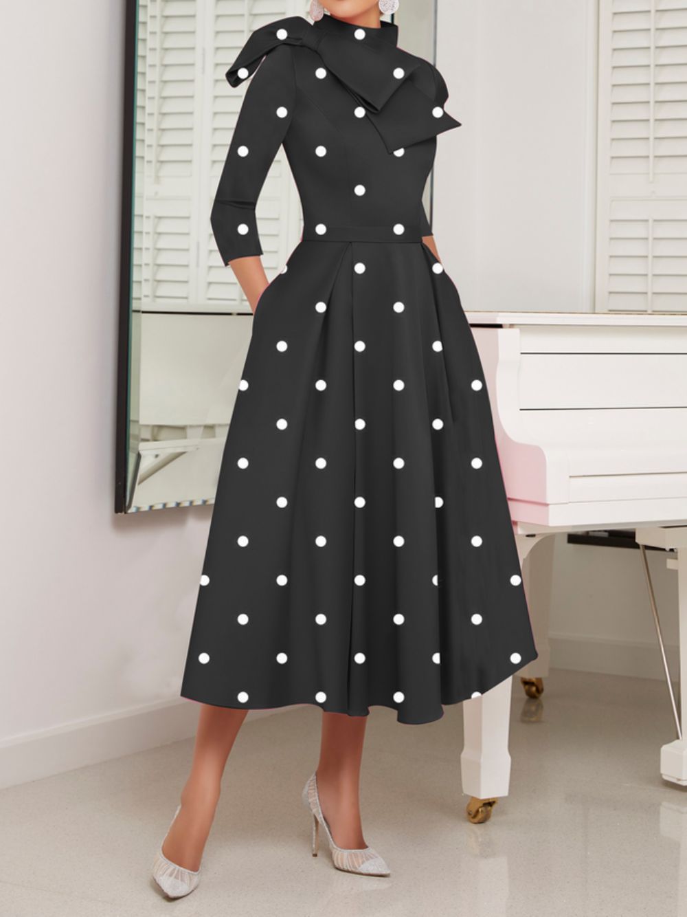 Polka Dots Regular Fit Hochelastisch X-Line Elegante Kleider Mit Stehkragen