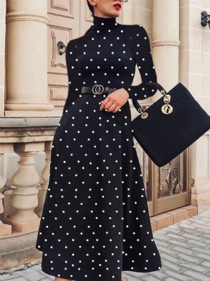 Reguläre Passform Elegantes Polka Dots Langarm-Midikleid