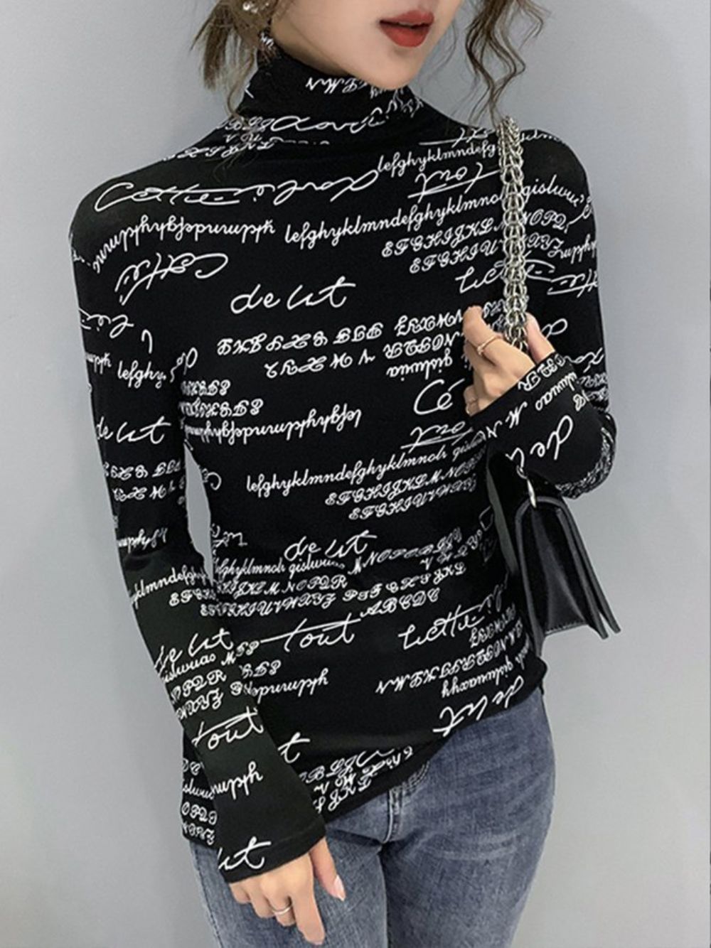 Tägliches Langärmliges Normal Geschnittenes Rollkragen-T-Shirt Mit Textbuchstaben