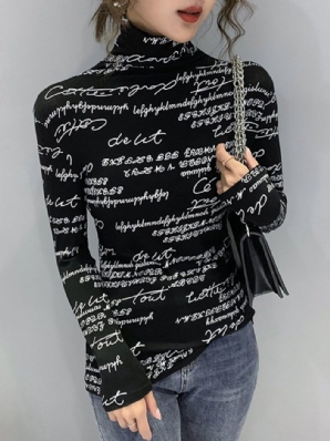 Tägliches Langärmliges Normal Geschnittenes Rollkragen-T-Shirt Mit Textbuchstaben