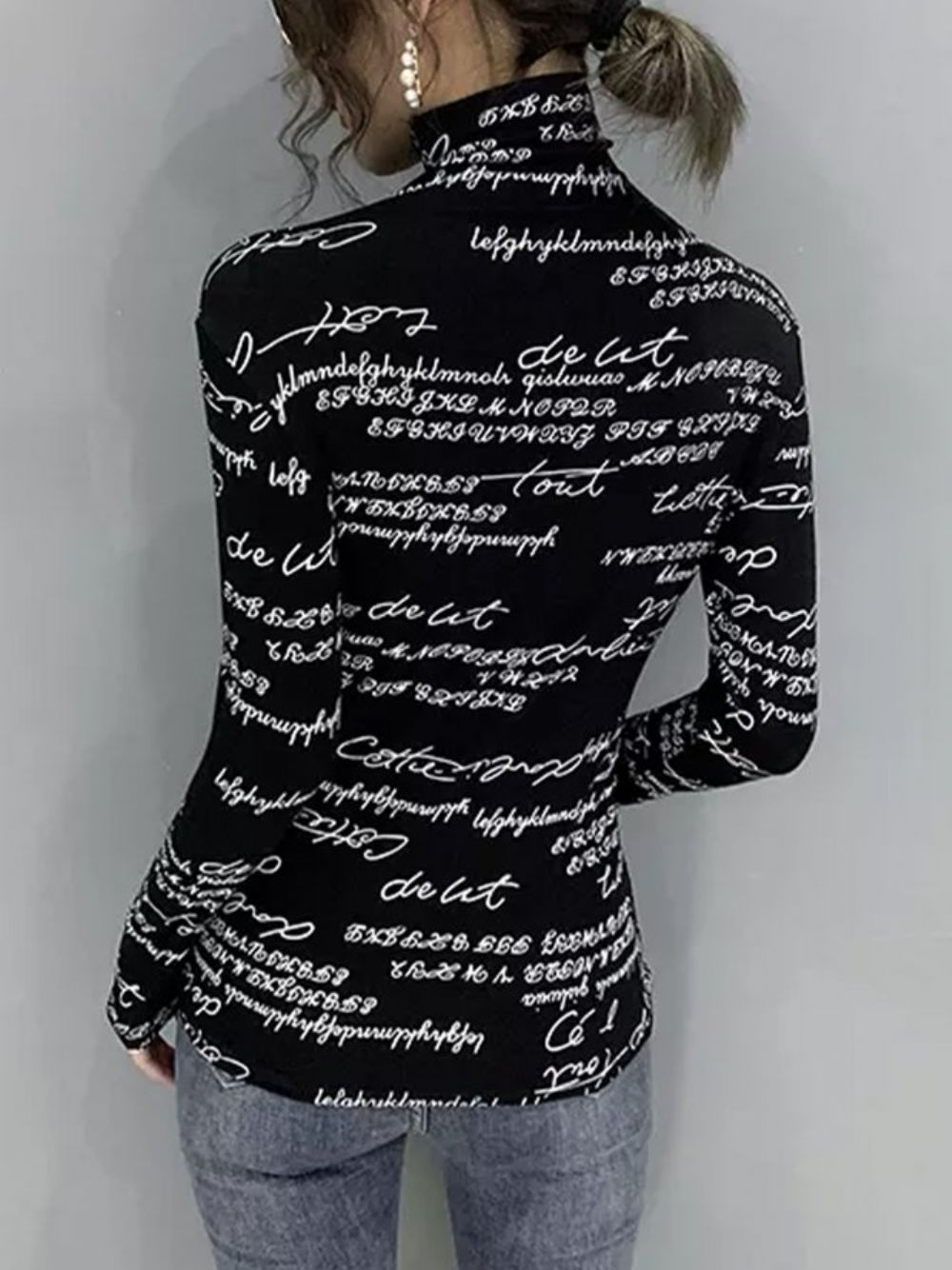 Tägliches Langärmliges Normal Geschnittenes Rollkragen-T-Shirt Mit Textbuchstaben