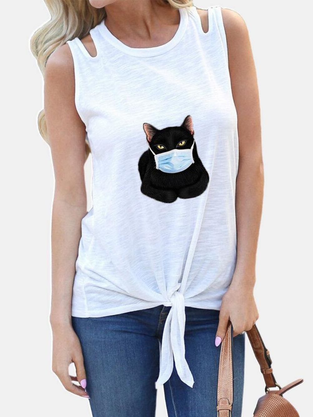 Cartoon Katze Bedruckte Ärmellose Damen Casual Tanktops