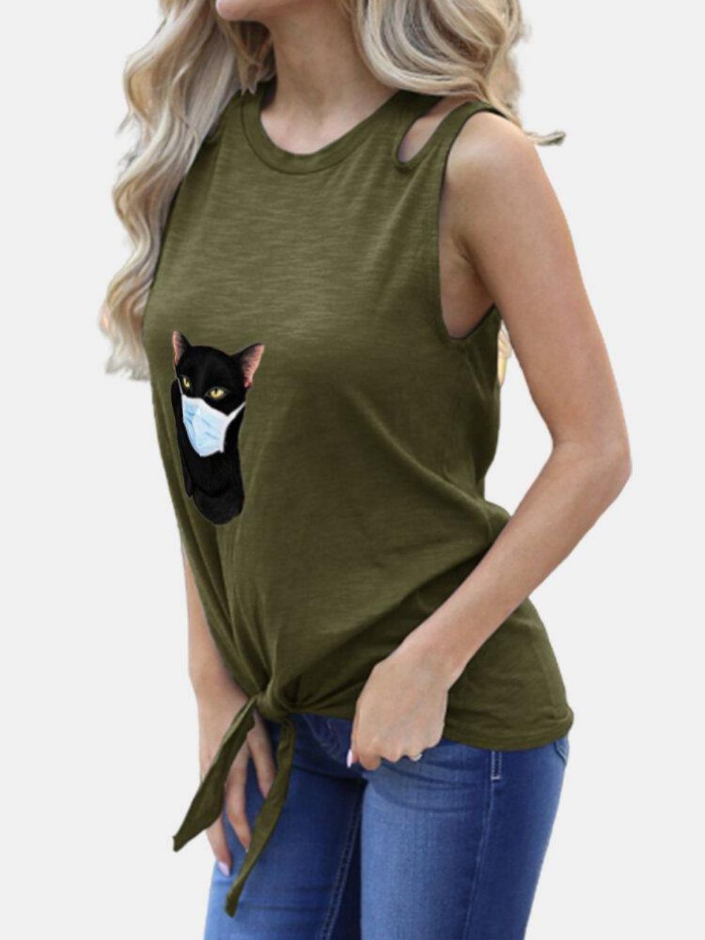 Cartoon Katze Bedruckte Ärmellose Damen Casual Tanktops