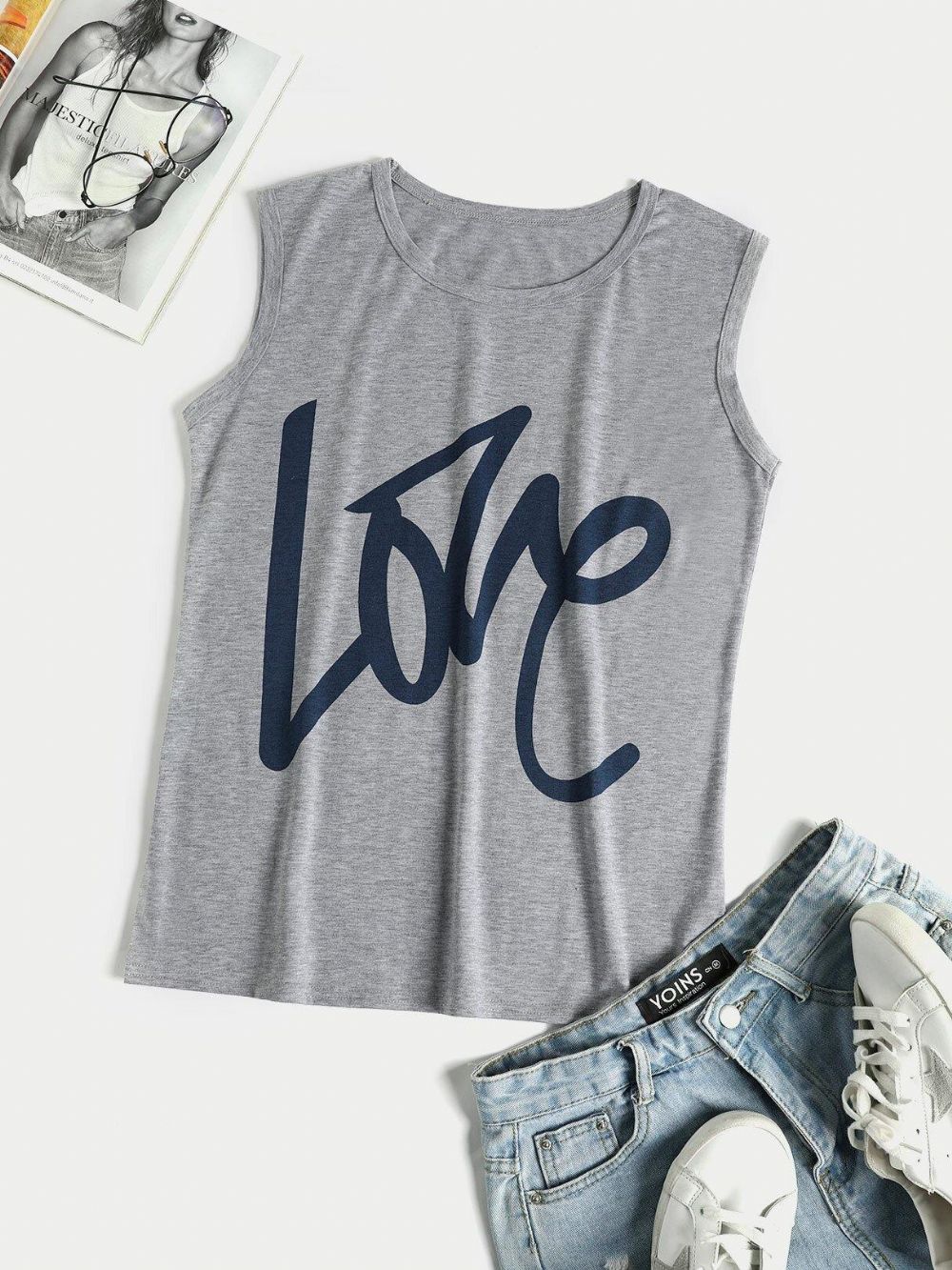 Graues Ärmelloses Basic Casual Tank Top Mit Rundhalsausschnitt Und Buchstabenmuster