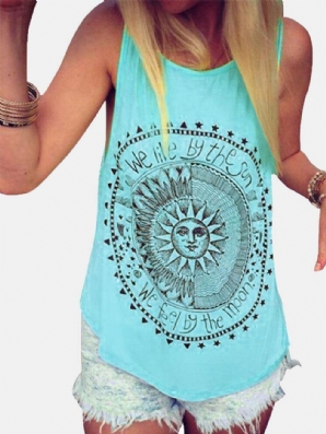 Lose Sommer Casual Tanktops Mit Disk Letter Print Rundhalsausschnitt