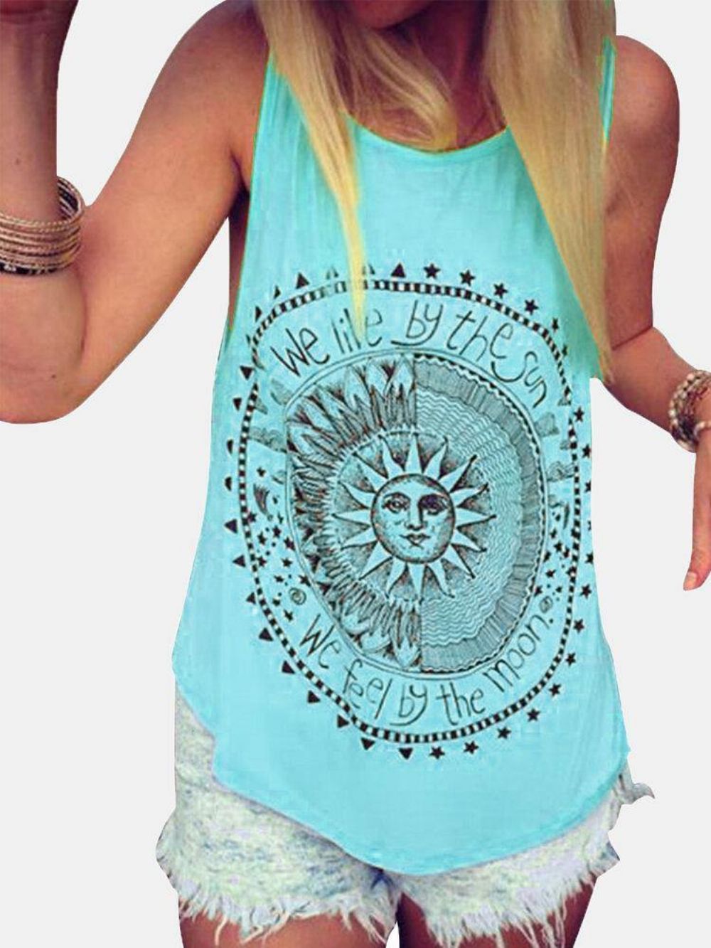 Lose Sommer Casual Tanktops Mit Disk Letter Print Rundhalsausschnitt