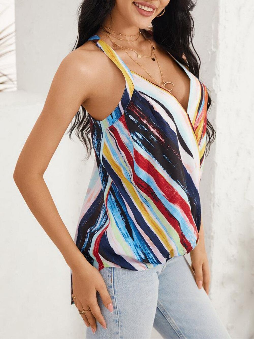 Tie Dye Stripe Neckholder V-Ausschnitt Ärmelloses Front Cross Daily Casual Tank Top