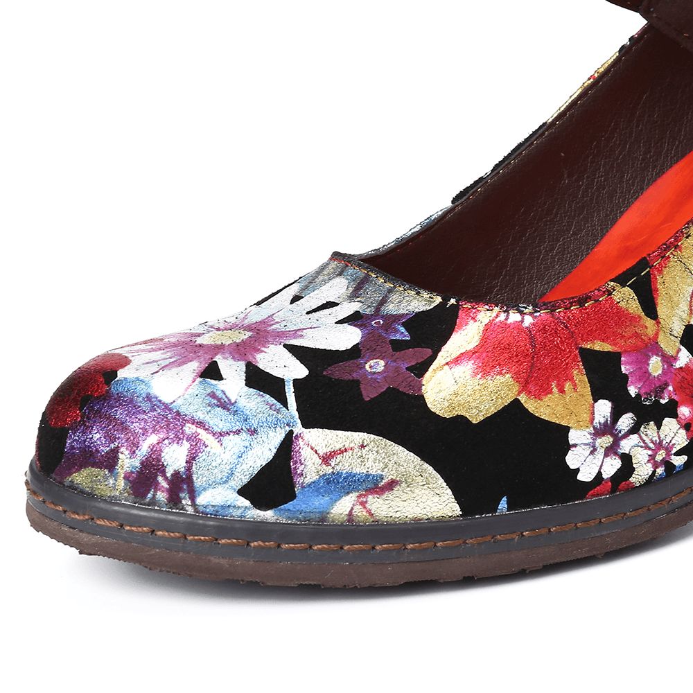 Bemalte Mary Jane Pumps Aus Echtem Leder Mit Eleganten Knöchelschnallen Und Sonnenblumen