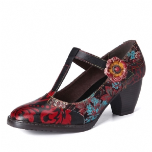 Retro-Blumenstickerei-Blumen-Leder-Pumps Mit Niedrigem Absatz Und Klettverschluss