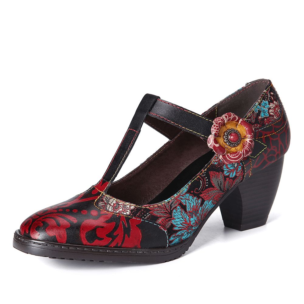 Retro-Blumenstickerei-Blumen-Leder-Pumps Mit Niedrigem Absatz Und Klettverschluss