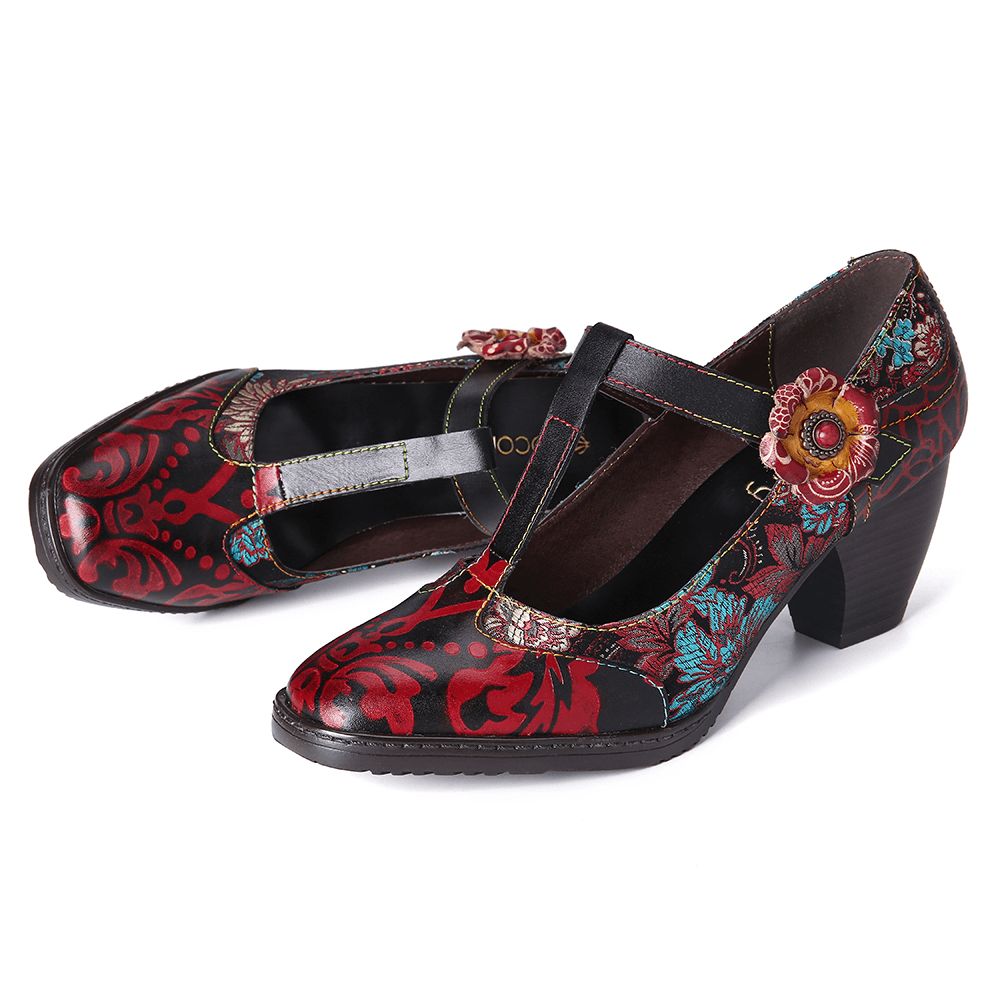 Retro-Blumenstickerei-Blumen-Leder-Pumps Mit Niedrigem Absatz Und Klettverschluss