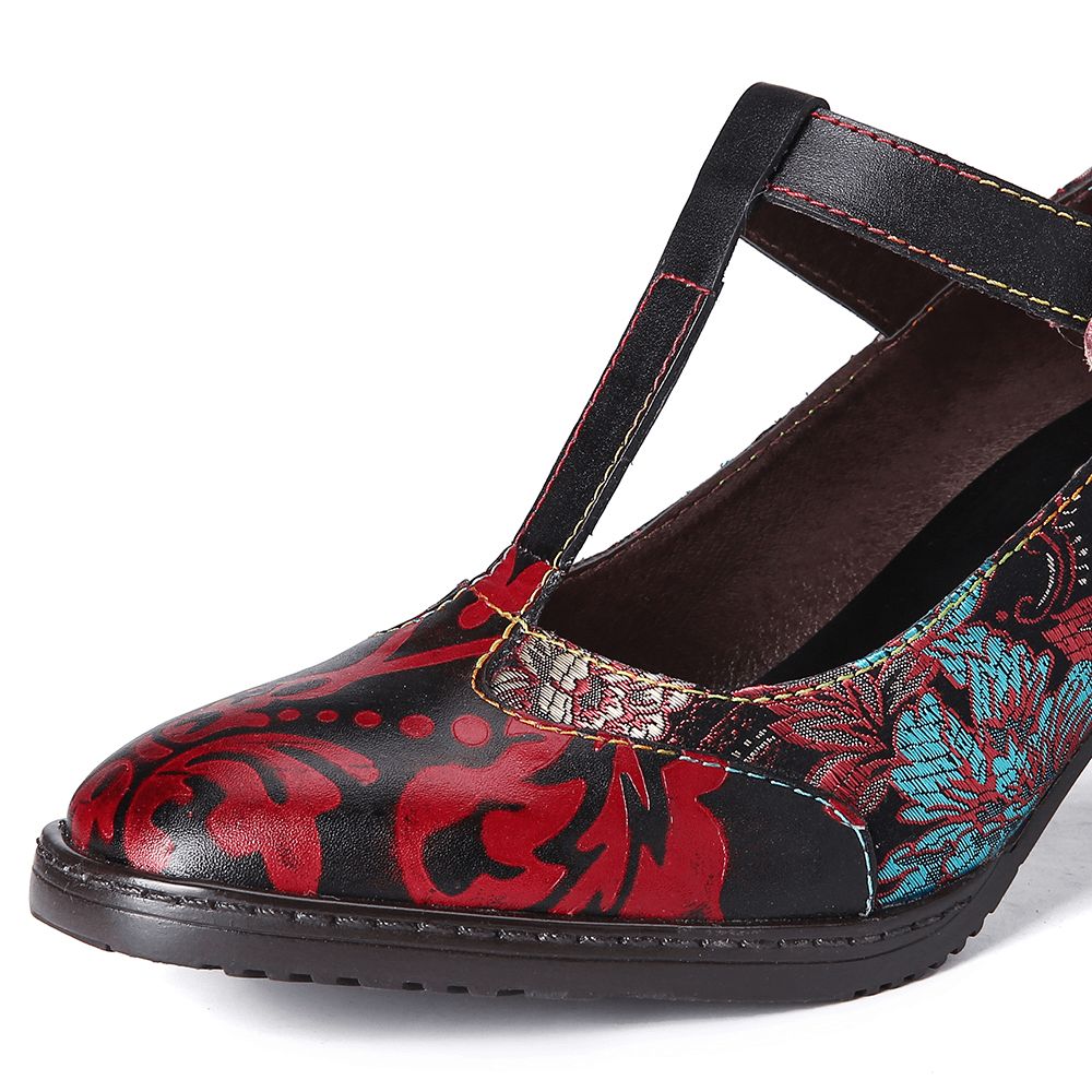 Retro-Blumenstickerei-Blumen-Leder-Pumps Mit Niedrigem Absatz Und Klettverschluss