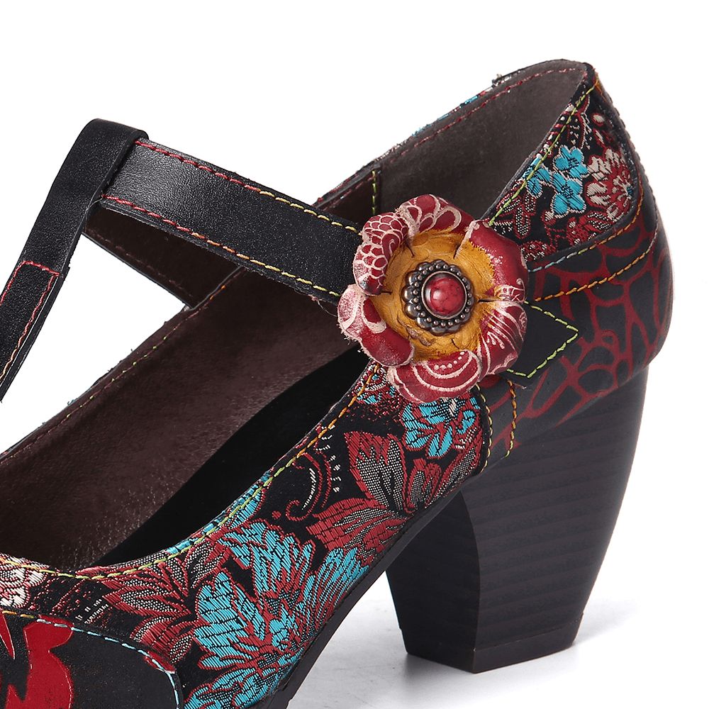 Retro-Blumenstickerei-Blumen-Leder-Pumps Mit Niedrigem Absatz Und Klettverschluss