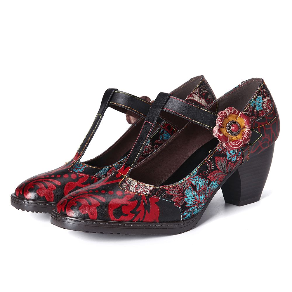 Retro-Blumenstickerei-Blumen-Leder-Pumps Mit Niedrigem Absatz Und Klettverschluss