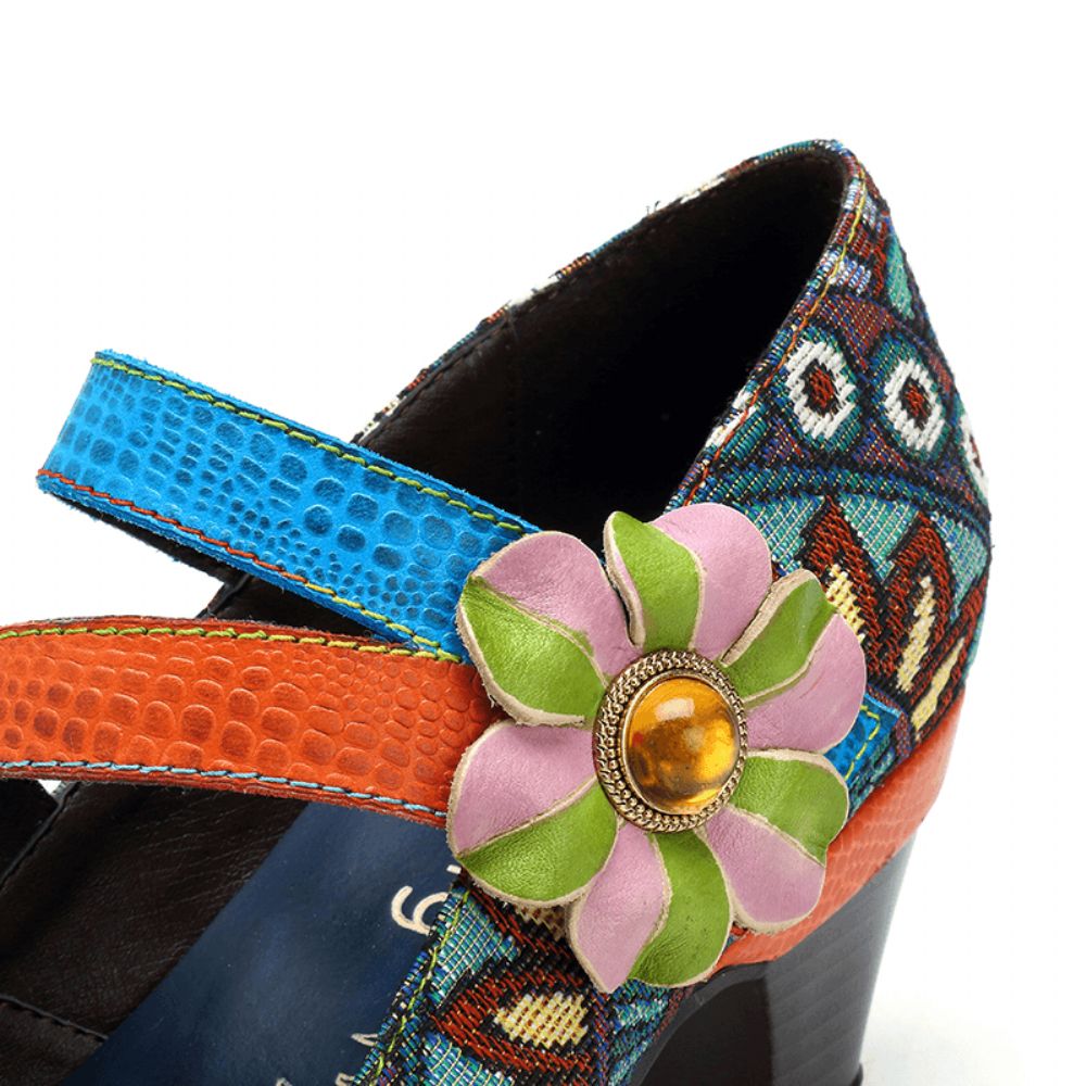 Stitching Bohemian Pattern Hook Loop Pumps