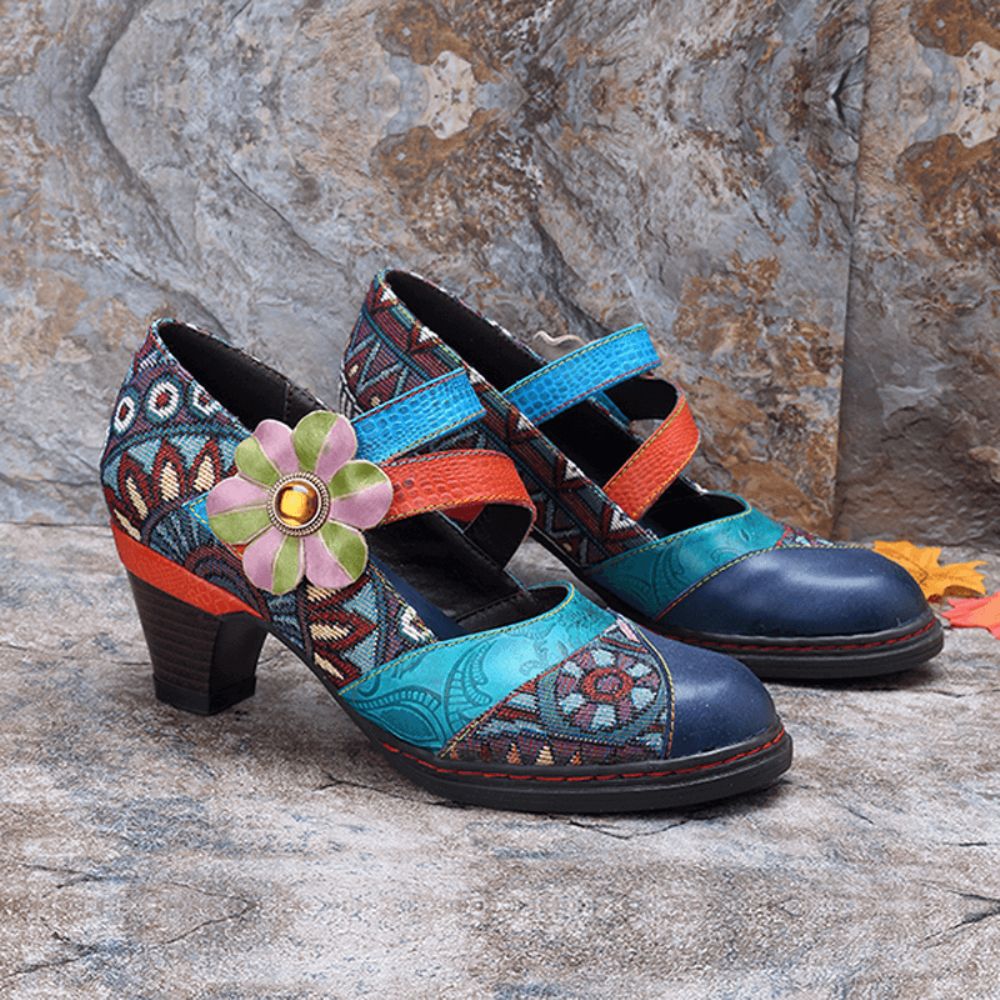 Stitching Bohemian Pattern Hook Loop Pumps