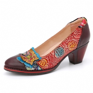 Vintage Butterfly Embossed Floral Leather Spleißnähte Slip-On Chunky Heel Pumps