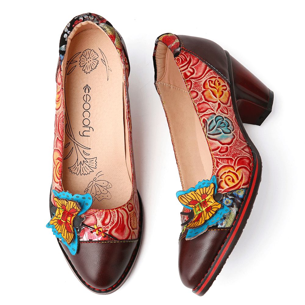 Vintage Butterfly Embossed Floral Leather Spleißnähte Slip-On Chunky Heel Pumps