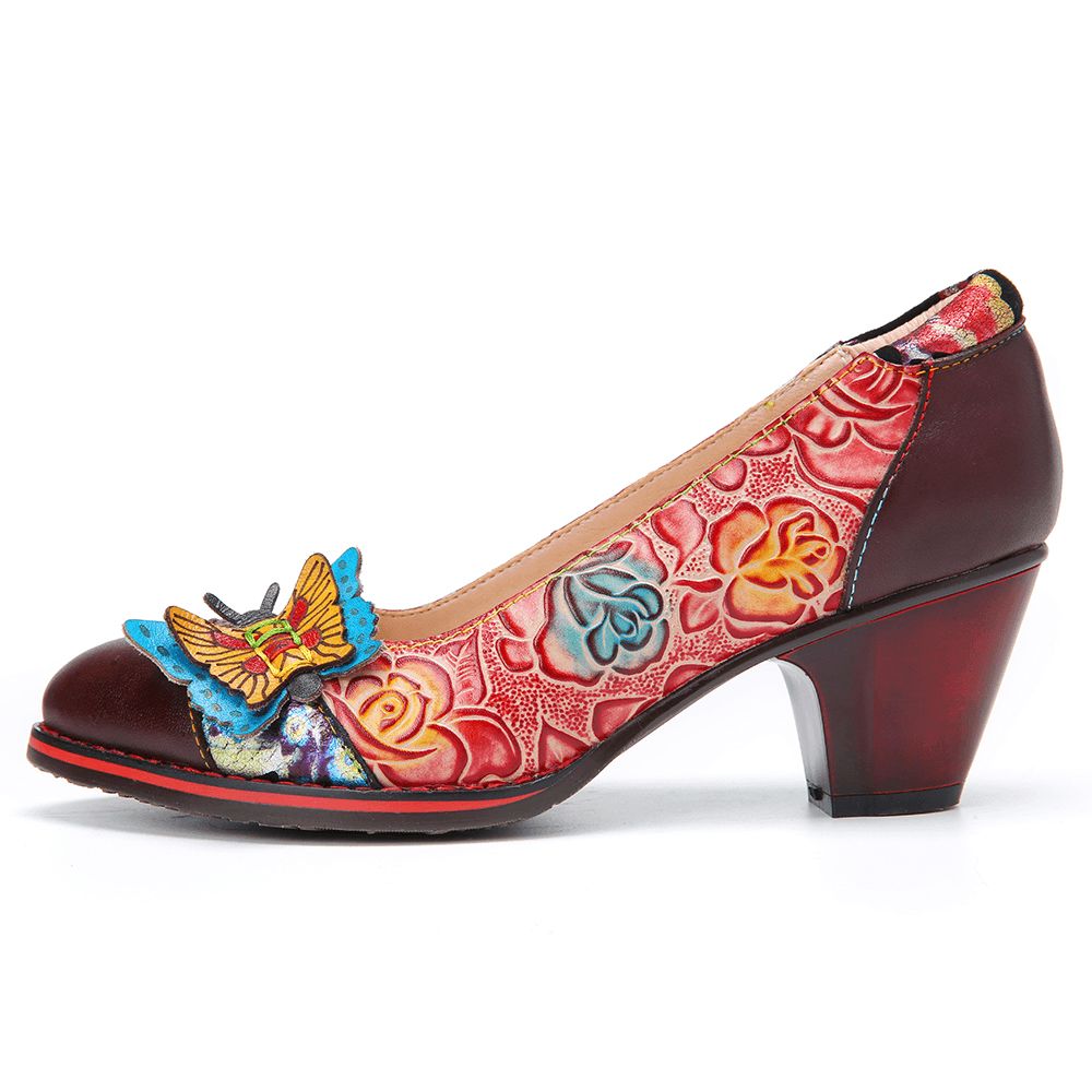 Vintage Butterfly Embossed Floral Leather Spleißnähte Slip-On Chunky Heel Pumps