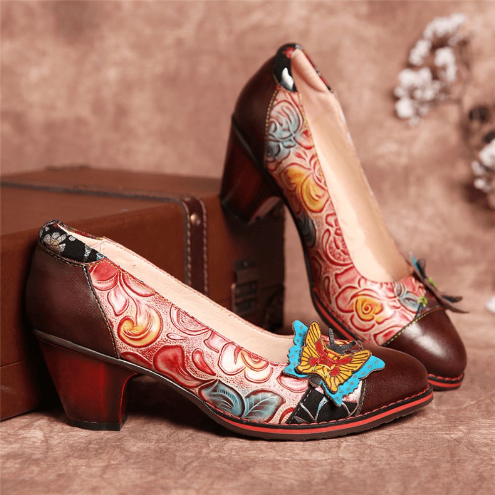 Vintage Butterfly Embossed Floral Leather Spleißnähte Slip-On Chunky Heel Pumps